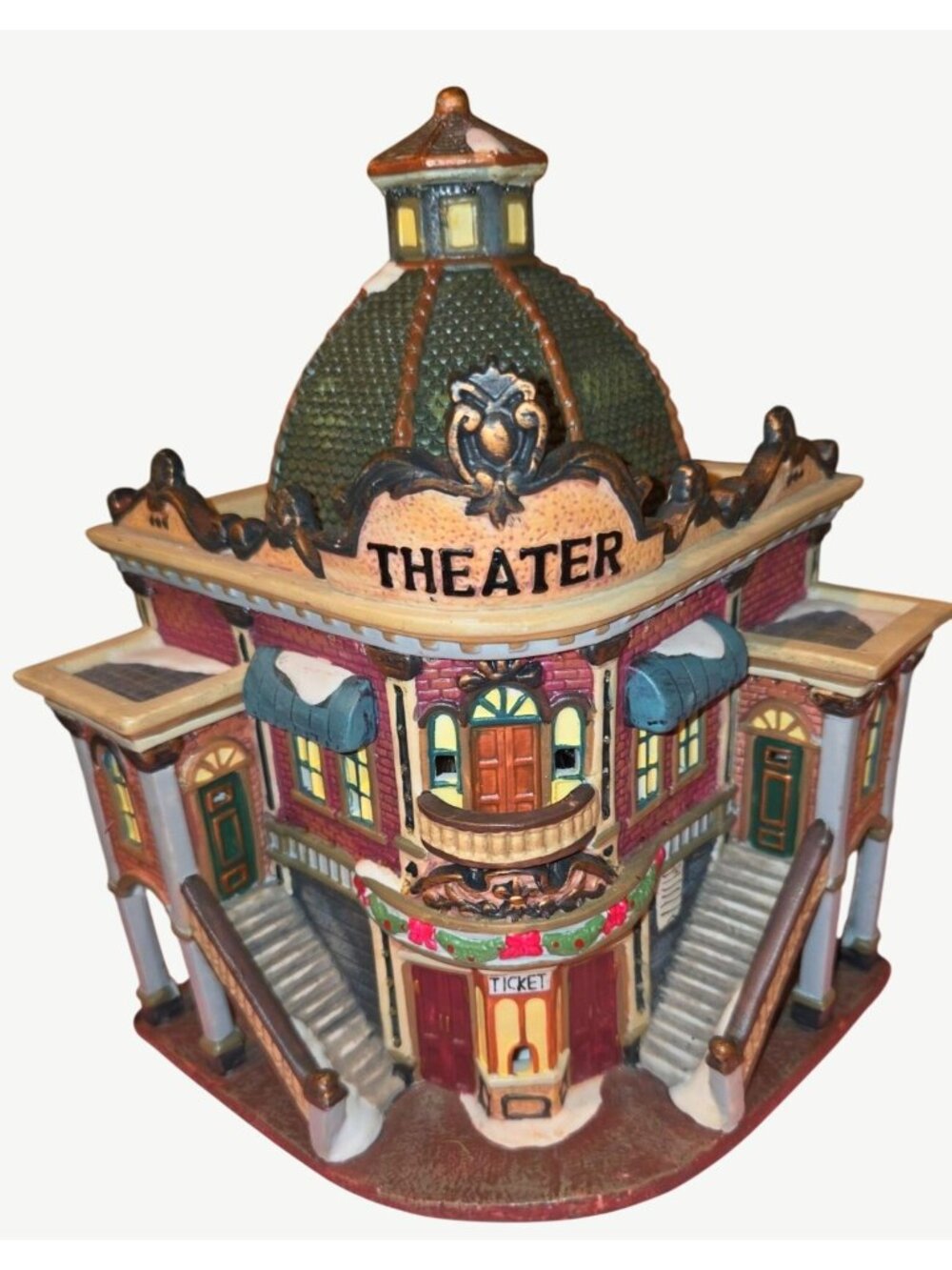Vintage Ceramic Theater Holiday Village Decor Lighted Snow Detailing Large